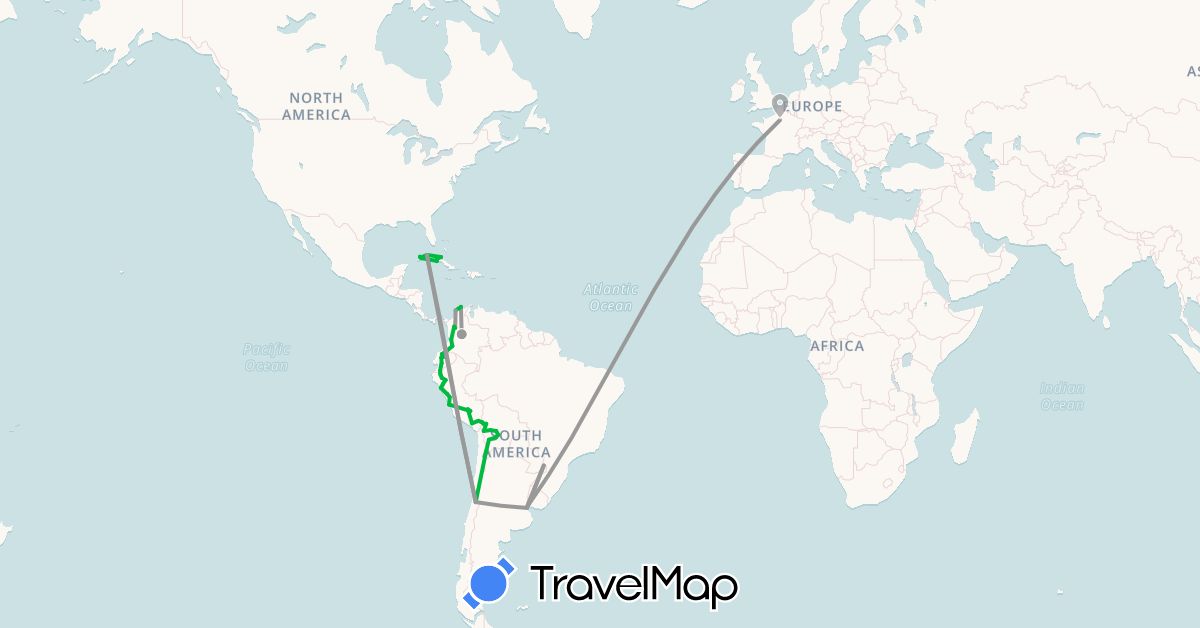 TravelMap itinerary: driving, bus, plane in Argentina, Bolivia, Chile, Colombia, Cuba, Ecuador, France, Panama, Peru (Europe, North America, South America)